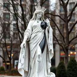 photo of a lady statue made of white marbel with black parts showing a goddoss love in a modern city center park