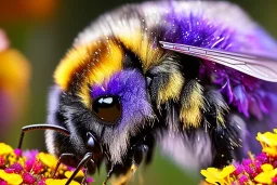 Beautiful symmetrical fluffy bumblebees dining at a feast of flowers, glitter, detailed fractal gems, fractal crystals, intricate, hyperdetailed, complex 3D filigree, ornate, metal, by "Greg Rutkowski" hyper realistic, photorealistic, incredible composition, amazing depth, imposing, 16k, detailed art illustration, vibrant, by "Josephine Wall", "Brian Froud"