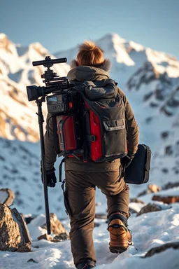 “Ultra-realistic outdoor adventure scene in snowy mountains. A rugged human adventurer carries a multifunctional backpack cam rig. The rig is integrated into the backpack with a telescopic camera mast, foldable sled/runners for low-angle shots, and small stabilizing wheels. Subtle LED lights on the rig glow softly. The backpack looks natural, weatherproof, and lightweight. Snow, rocks, and sunlight create natural shadows. The camera rig is unobtrusive, blending with the environment