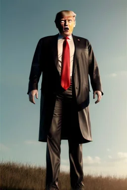 realistic image, Donald trump zombie, night, walking twisted, waist up view, 80s, dark ambient, highly detailed, sky background, concept art, unreal engine 5, god rays, ray tracing, RTX, lumen lighting, ultra detail, volumetric lighting, 3d, finely drawn, high definition, high resolution.