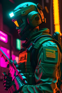 us men soldier with rilfe M4 with helmet with neon background colour with word "szczepan" with cyberpunk style