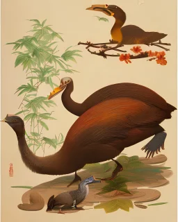 John James Audubon-like illustration of a fully uncropped Dodo bird and a Platypus in a chinoiserie landscape of warm yellows, warm reds, and warm blues