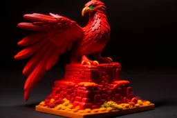 A brick red volcano with a fiery phoenix designed in Ica stones