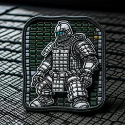 chessboard knight piece in the style of cyber punk as a velcro patch in an offensive stance