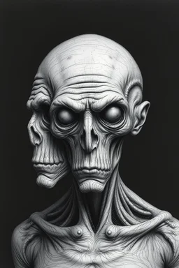 The full body of strange face on an old men , a thin line draw ، Siamese brothers with one body of two heads , front view camera, decayed and rotting with grotesque proportions and imagery. surreal horror, biomechanical design, by hr giger and beksinski , fine lines draw