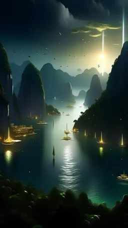 sci fi planet, city, ha long bay, lighting