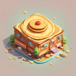 pancake into cartoonist building style model isometric top view for mobile game bright colors, color render hyper, lovely, surreal