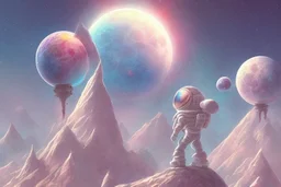 illustration concept art water color style for teenagers in other planet watching the moon and mountains having adventure two teenagers are walking mystery weird cretures mushroomsexiting