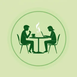 A circular logo in a distinctive green color with two people sitting around a two-person table in the center, one drinking coffee and the other working on their laptop.
