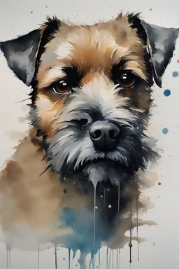A minimalist portrait of a border terrier by Ryan Hewett , willem haenraets, watercolor, wet on wet and splattering techniques, centered, perfect composition, abstraction, surrealism