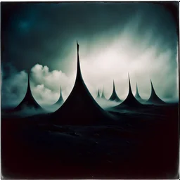 Strani oggetti a forma di fuso, neri, sinuosi, partono dal terreno e si allungano verso il cielo, in un ambiente di tenebra e mistero, mentre nebbia fitta avvolge tutta la notte - foto polaroid, immagine ispirata alle forme surreali di Yves Tanguy