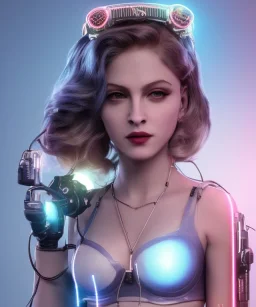 Artist, young madonna, cyber crown, android woman, sweet, blonde, white skin, long eyeliner, purpurin, glossy lips, make-up, color leds lights, cables, short hair, circuits, cyberpunk, latex coat, cyberpunk, neon, portrait, studio photo, unreal engine 5, soft color, 16 bit, god lights, ray tracing, RTX, lumen lighting, ultra deatail, volumetric lighting, 3d, finely drawn, hd.