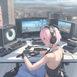 photorealistic femboy playing video games on en enormous gaming set up in a middle of a city