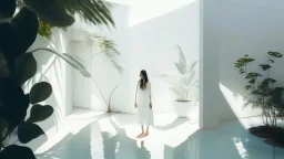 Woman in the foreground dressed in white in a bright white minimalist interior courtyard where the murmur of water whispers and the shadows of some leaves of nearby plants sway