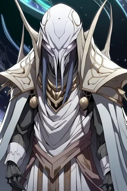 Anime alien villain character with white skin, huge , antagonist smart,too much modern armour and wearing a robe cover half of his head , aged thousand years
