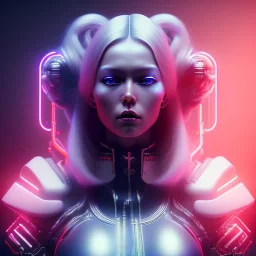 Russian, Cyber Woman, long white hair, samurai, cyberpunk, neon, highly detailed, art stations, concept art, smooth, unreal engine 5, god rays, ray tracing, RTX, lumen lighting, ultra detail, volumetric lighting, 3d, finely drawn, high definition, high resolution, gradient background