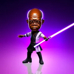 Hairless Samuel jackson purpleGlow jedi bobblehead gripping a Single (purple) sword and boots