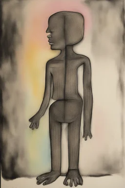 The uncontracted consciousness of someone without a subject/object boundary; Primitive Art; Ink Wash; Black With Iridescent Pastels