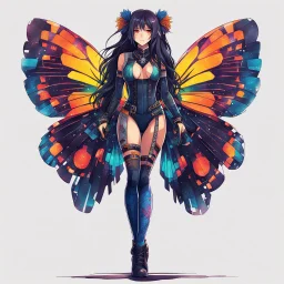 full body portrait illustration , long hair, with detailed blueprints and engineering schematics of a walking hybrid Madagascan sunset moth insect girl, in anime style, drawings, 8k, vibrant natural colors, tight bodysuit, white skin, wings above sholder