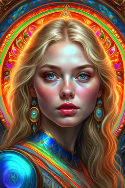 ultra realistic photo portrait of Scarlett Leithold cosmic energy, colorful, painting burst, beautiful symmetrical face, nonchalant kind look, realistic round eyes, tone mapped, intricate, elegant, highly detailed, digital painting, artstation, concept art, smooth, sharp focus, illustration, dreamy magical atmosphere, art by artgerm and greg rutkowski and alphonse mucha --q 2