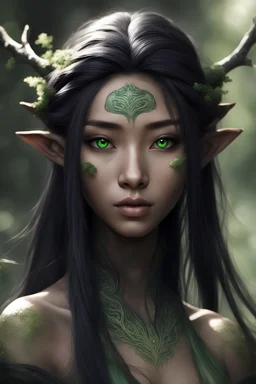 Druid, Elf, Mongolian face, Japanese face, beautiful, green glowing eyes, black hair, brown skin, portrait, mossy, natural, mystic