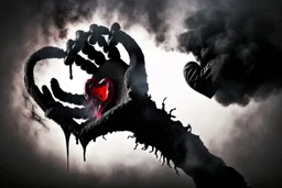 A black hand made out of black smoke violently crushing a human heart, squeezing all blood out of it, foggy, surreal