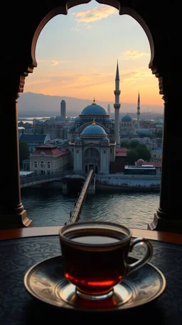 A symbolic image showing Turkey's culture as a bridge between Europe, Asia, and the Orient. Combine old and new: traditional domes, oriental ornaments, and tea with modern skylines and distant landscapes. Warm light, rich colors, harmony between tradition and modernity, no people, no text.