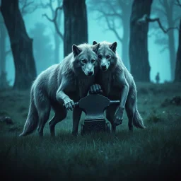 digital art two gray body hair anthropomorphic wolves together they carry a heavy anvil in their paws in a blue-green meadow, in the background trees with huge trunks rainy day, high contrast, high detail, atmospheric, dark fantasy, sci-fi atmosphere, cinematic