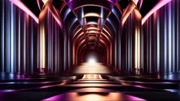 a 3D recursive stage structure made of metallic colors, pretty artistic background, dynamic lights