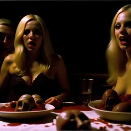 Horror movie shot, spooky, hot, ultra realistic, dine, ultra realistic hot blonde women, party, pieces of meat, they enjoy, organs, ail, dynamic, very excited people, hypermaximalist figures, light, 1970's Italian horror movie, sinister,, Dario Argento, Stanley Kubrik, ornate, 4k, photorealism