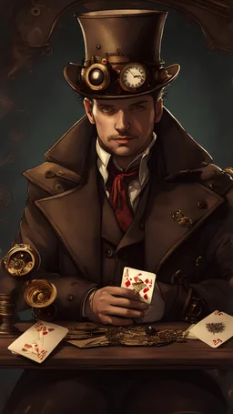 magicien steampunk qui fait un tour de magie avec des cartes