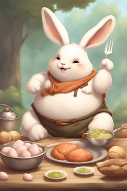 Cute chubby bunny man floppy ears adventurer dnd cooking art realism