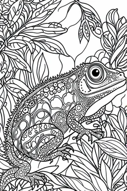 DRAW TO COLORING OF A CHAMELEON ON A JUNGLE, BLACK AND WHITE CARTOON STYLE, FEW DETAILS, THICK LINES, NO SHADING LINES