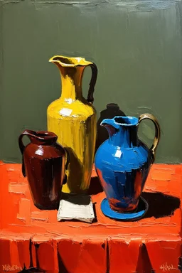 Oil painting of Vases and jugs in the style of frank Auerbach