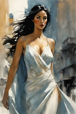 Alex Maleev, unused cover illustration, 2005: [greek goddess model in flesh] In the midst of a busy city, a woman stands out with her serene expression and poised demeanor. Her chiton drapes gracefully, revealing her feminine curves and accentuating her beauty. She exudes an air of timeless elegance, captivating all who cross her path. Every detail, from her lips to her eyes, showcases the sculptor's meticulous craftsmanship. Her presence brings a moment of tranquility amidst the chaos of the ci