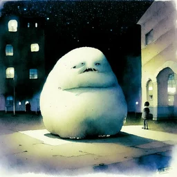 Dramatic watercolor and ink illustration, gigantic puffy fat marshmallow creature sitting in an empty school playground at night caught in the ambient streetlight, Lovecraftian creature made of marshmallows with frustrated confused look on face, sinister whimsey, oddball masterpiece, sfumato, Gallows humor, complex contrast, dynamic composition, by zdzislaw beksinski