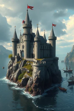 a fantasy setting depicting an astute castle on an archipelago connected to the mainland, with a movable stone besiegement encircling the castle to prevent ships from passing through it's guarded waterways of steel