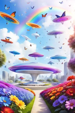 colors, very beautiful, flowers garden,rainbow, cité très futuriste ultra moderne, ufos rainbow, ufos fleet, intergalactic, birds, butterfly