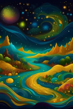 یک دنیای رنگی که توسط ستاره‌های مختلف تشکیل شده و از زمین رودخانه رنگی با تکه‌ های طلا حرکت میکند