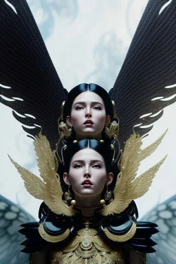 Detailed cosmic horror with wings, hair buns, bangs, black latex bodysuit, intricate details, full body portrait, keep head in frame, slight smile, black Japanese motif, concept art, highly detailed, digital painting, concept art, sharp focus, illustration, art by Yoji Shinkawa, WLOP and greg rutkowski and alphonse mucha and artgerm and yanjun Chen and Junji ito and Makoto Shinkai, HDR, octane render