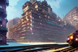 close up train+Elevated train+riomaggiore corner building+Italian colourful sea village +alphonse mucha, greg rutkowski,matte painting, cryengine, hyper detailed, felix kelly, fantasy art, seb mckinnon