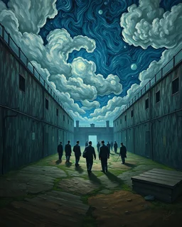 Bosch painting style, nightmare , Van Gogh painting the prison yard with prisoners walking in circle ,great quality picture with cinematic scenes , heavy clouds in the background