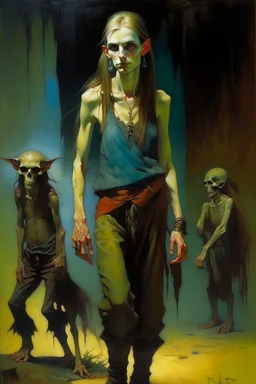 1970's dark fantasy cover dnd style oil painting of a hobo tall woman gipsy elf with sport outfits with minimalist far perspective. Magazine.