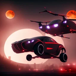 flying car in the city ,night, blood moon, atmospheric , 8K, super realistic, unreal engine, cinematic lighting, octane render.