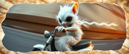 3d airbrush render, white fluffy gnome native panda elf alien dodo on insane fast scooter, pinhole cam, airbrush 3d rendering, in the style of Titian and Dali , torn egg shell edges on border