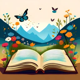 un libro abierto con flores y mariposas volando fuera de él. El libro está sobre una mesa de madera y hay un jarrón con flores al lado. El fondo es un paisaje con árboles y montañas.El estilo de la imagen es abstracto. Las formas y los colores están simplificados y no se representan de manera realista. Las flores y las mariposas están representadas como formas abstractas y el paisaje se reduce a líneas y colores básicos.