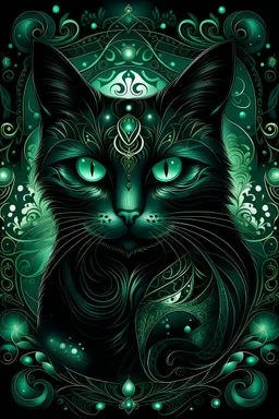"Mystical Feline Enchantment": Behold the captivating allure of our "Mystical Feline Enchantment" design, where the enigmatic black cat embodies the essence of mystery and magic. With piercing emerald eyes that seem to hold ancient secrets, this ethereal creature is surrounded by swirling constellations, conveying a sense of cosmic connection. Perfect for those who embrace the enigmatic nature of felines and the wonders of the universe.