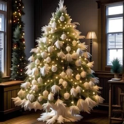 Sapin de Noël avec lumière blanche, couleur bien répartie, hyper réaliste, décoration en jute, féérique