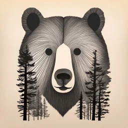 M shaped bear head combined with woods silhouette in background, letterpress style, minimalistic pencil art