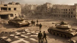 Israeli soldiers and tanks stand on a very large chessboard in the middle of a destroyed city